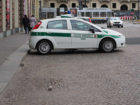 Turin, Italy - Circa April 2023: Polizia Municipale translation Metropolitan Police car