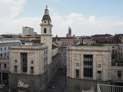 Turin, Italy - June 11, 2023: Aerial view of Piazza San Carlo translation St Charles square