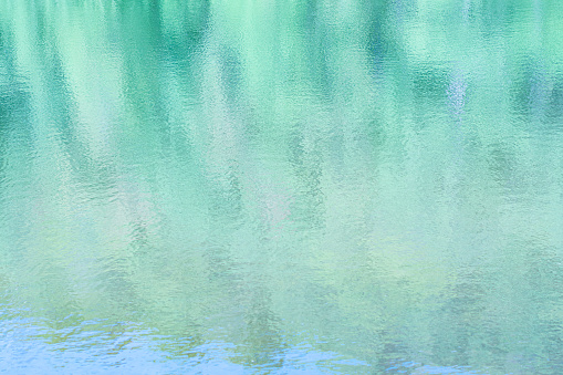 Blurred reflections of trees, forest and blue sky in lightly rippling water of a lake. Shades of blue, teal, turquoise and green. Suitable as background.