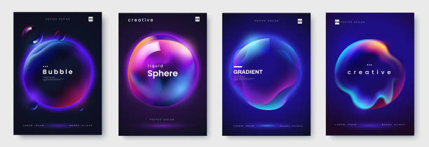 Poster collection with abstract colorful gradient sphere. Glowing vibrant liquid gradient shape on dark background. Design template for flyer, social media, banner, placard. Vector illustration