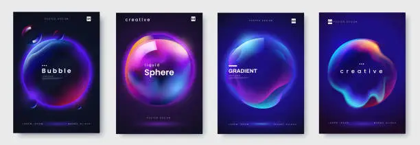 Vector illustration of Poster collection with abstract colorful gradient sphere. Glowing vibrant liquid gradient shape on dark background. Design template for flyer, social media, banner, placard. Vector illustration