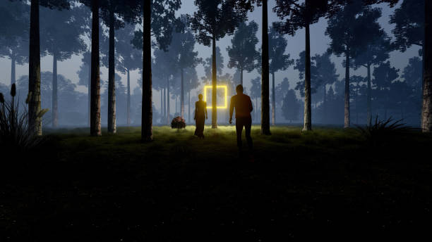 istock Man and woman in forest walking towards mysterious object. Creative design 1499299875