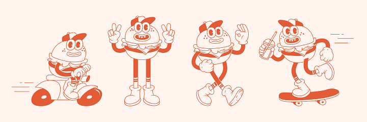 Burger retro cartoon fast food stickers. Comic character with happy smile face and other elements for burger bar, cafe, restaurant. Groovy funky vector illustration in trendy retro cartoon style.