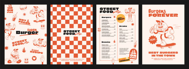 Burger retro cartoon fast food posters and cards. Comic character slogan quote and other elements for burger bar cafe restaurant. Menu, invitation, stories template. Groovy funky vector illustration.