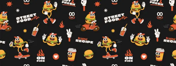 Vector illustration of Burger retro cartoon fast food seamless pattern. Groovy funky trendy vector background.