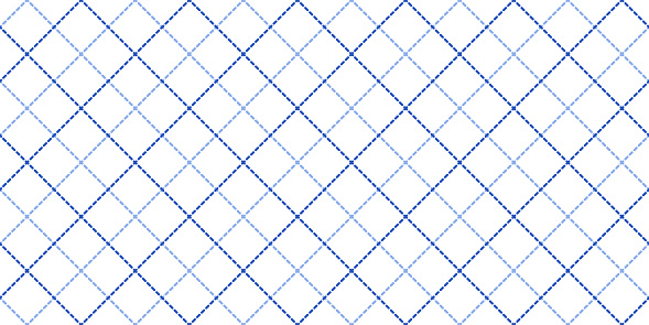 Windowpane plaid blue and white seamless pattern with diagonal dashed lines. Classic wool suit fabric. Elegant design. Simple monochrome background. Twill variegated woolen material