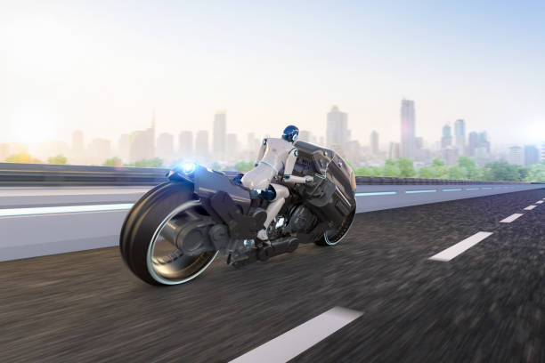 istock Racing technology with robot riding on motorbike with speed 1499310565