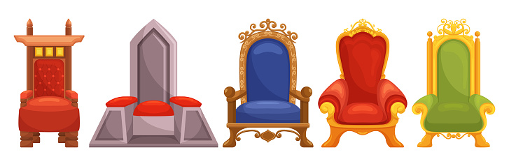 Exquisite Set Of Royal Thrones, Fit For Kings And Queens, Adorned With Intricate Carvings, Luxurious Upholstery, And Ornate Details, Adding A Regal Touch To Any Space. Cartoon Vector Illustration
