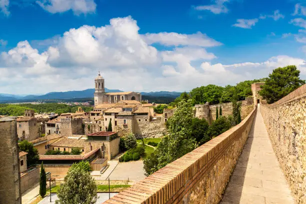 Panoramic aerial view of Girona and Cathedral in a beautiful summer day, Catalonia, Spain