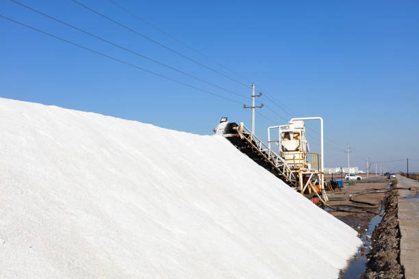 Workers work on the salt field, Salt-farm workers produce salt in the salt fields， salt-farm equipment produces salt