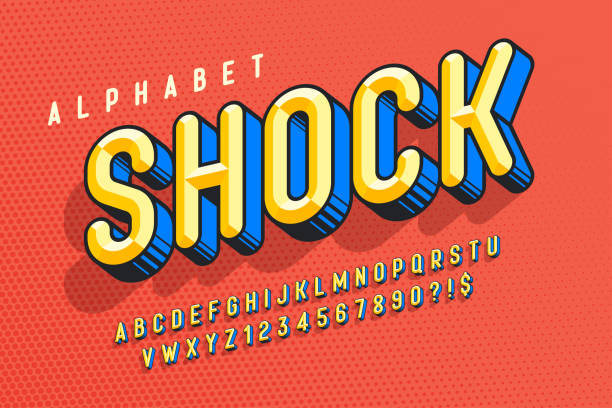 ilustraciones, imágenes clip art, dibujos animados e iconos de stock de diseño cómico de cincel 3d de moda, alfabeto colorido, tipo de letra. sesgo de 13 grados - superhéroe