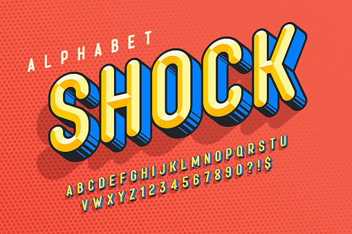 Trendy 3d chisel comical design, colorful alphabet, typeface. Color swatches control. 13 degree skew