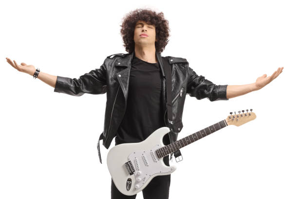 Musician in a black leather jacket with an electric guitar gesturing with hands isolated on white background