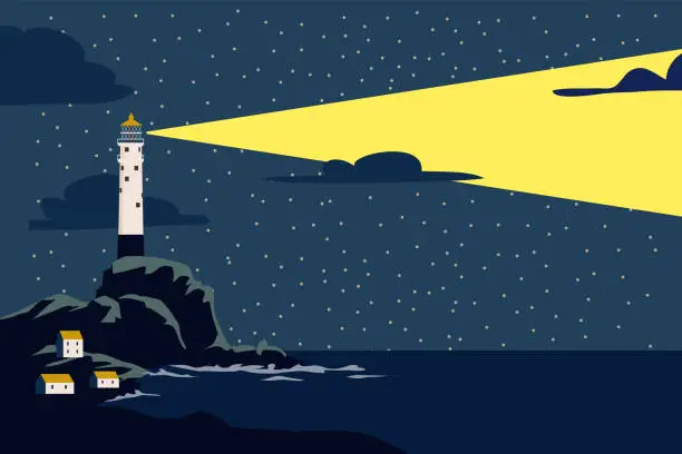 Vector illustration of Lighthouse tower on seashore ocean with ray of light