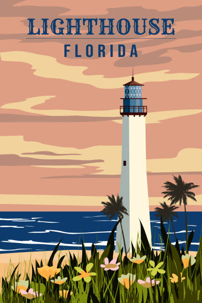 Poster Key West Lighthouse Florida Retro. Palm, beacon tower Poster Key West Lighthouse Florida Retro. Palm, beacon tower, coast, ocean. Vector illustration vintage style isolated art deco miami stock illustrations