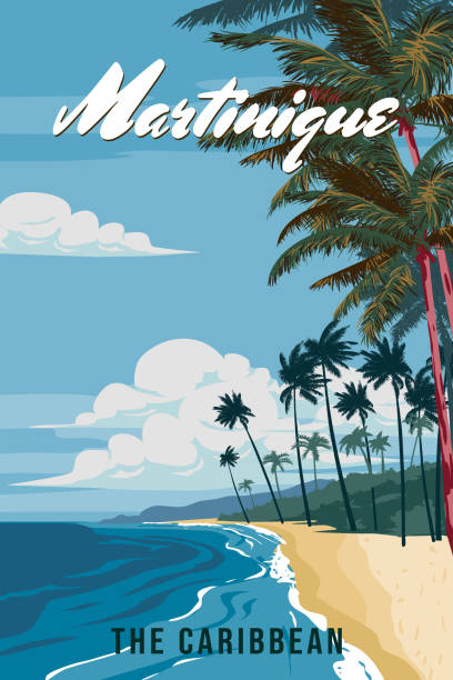illustrazioni stock, clip art, cartoni animati e icone di tendenza di poster di viaggio martinica tropical island resort vintage - giorno di santa lucia