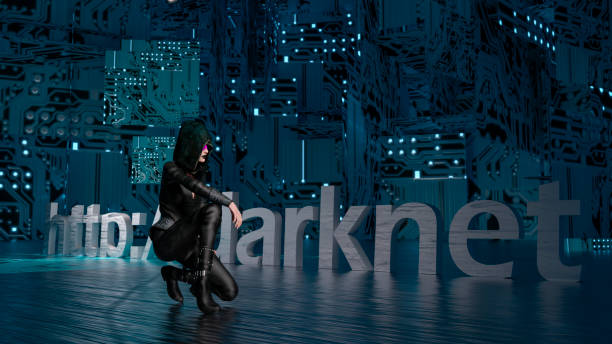 istock Darknet text words on a dark background with electronic circuits, and a woman in black. 1499320116