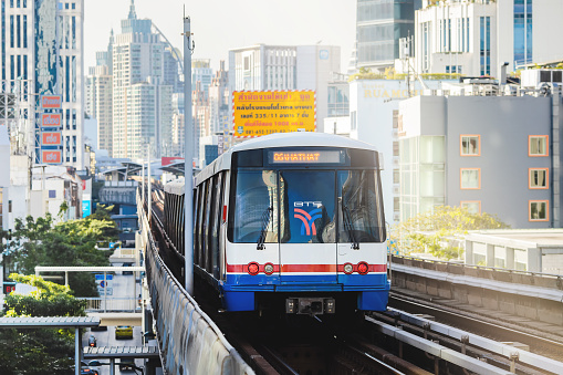 Bangkok, Thailand - May 5 : BTS Skytrain in Bangkok city center, the most popular public transport rail network in Bangkok on May 5, 2023.