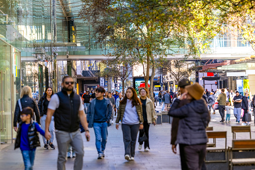 Crowd of People walking and enjoying sunny day in Pitt Street mall, Sydney Australia, full frame horizontal composition