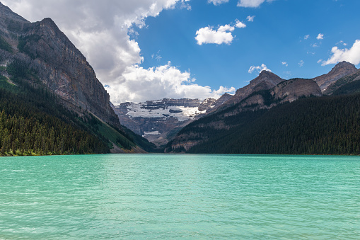 Lake Louise landscape in summer with copy space, Lake Louise town, Banff national park, Canada.