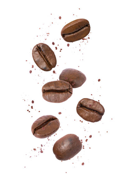 roasted offee bean and ground coffee - falling beans imagens e fotografias de stock