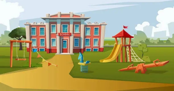 Vector illustration of cartoon style illustration. School building with kids play area infront.