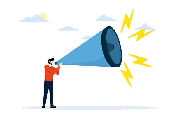 Vector illustration of Business shouting, promotion concept announcement, speaking loud to communicate with colleagues or attract attention, confident businessman using megaphone speaking loud to be heard in public.