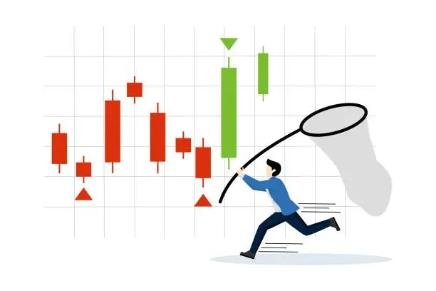 Vector illustration of DCA, Profit in Bear market, Buy gradually when the stock price decreases. Profit from shrinking stocks Investors or business people chasing after buying stock candlesticks. flat vector illustration.