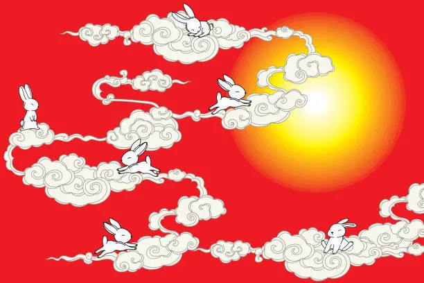 Vector illustration of Illustration, Moon rabbit mid autumn festival with chines cloude on red background.