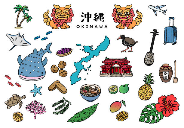 illustrationssatz von okinawa handzeichnung strichzeichnung - shuri castle stock-grafiken, -clipart, -cartoons und -symbole