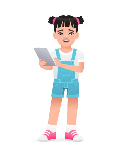 Vector illustration of A beautiful cute white baby in a blue summer jumpsuit. A cheerful little girl is standing with a tablet in her hand.