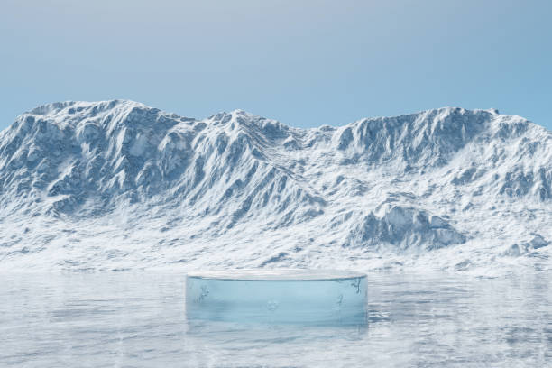 istock 3d render winter platform and natural podium background, Ice podium on the lake backdrop ice snow mountain and clear sky for product display, advertising, cosmetic, skincare or etc 1499356462