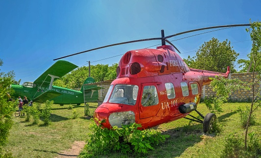 Odessa, Ukraine 06.06.2023. Helicopter in the Eco park New Vasyuki in Odessa, Ukraine, on a sunny summer day