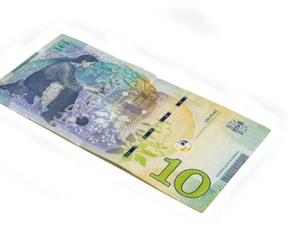 Photo of Ten  Lari banknote of the National Bank of Georgia on a white background