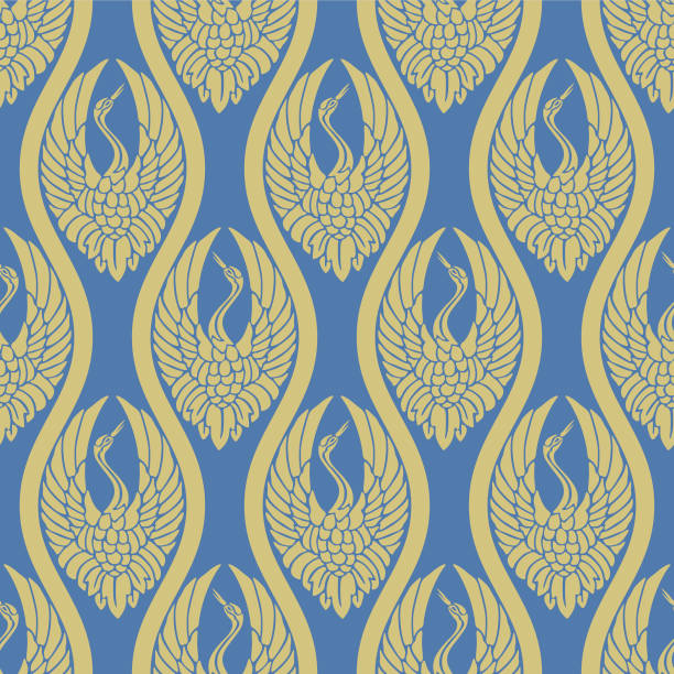 Japanese Dancing Crane Motif Curl Line Vector Seamless Pattern