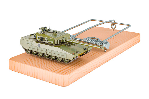 Battle tank inside mousetrap. 3D rendering isolated on white background