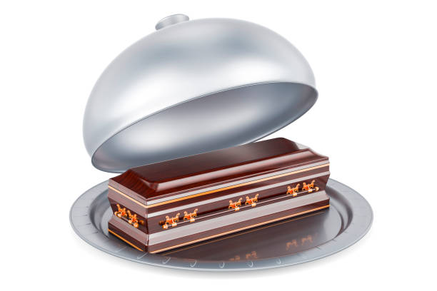 Restaurant cloche with wooden coffin, 3D rendering Restaurant cloche with wooden coffin, 3D rendering isolated on white background the undertaker stock pictures, royalty-free photos & images