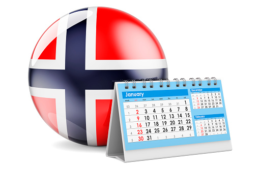 Desk calendar with Norwegian flag. 3D rendering isolated on white background