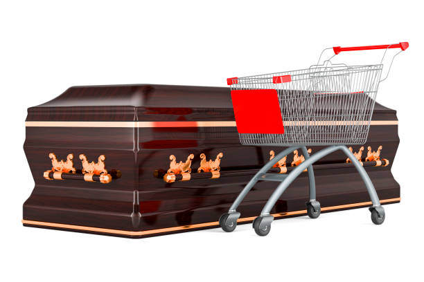 Wooden coffin with shopping cart, 3D rendering Wooden coffin with shopping cart, 3D rendering isolated on white background the undertaker stock pictures, royalty-free photos & images