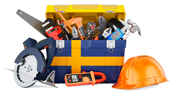 Swedish flag painted on the toolbox. Service, repair and construction in Sweden, concept. 3D rendering isolated on white background