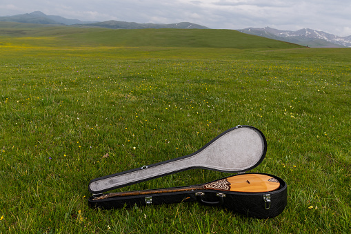 Traditional kazakh musical stringed instrument dombra on a alpine meadow
