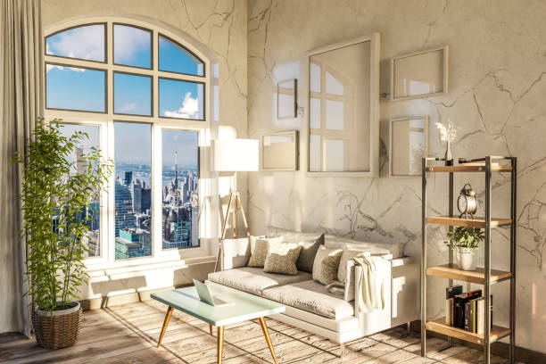 istock luxurious loft apartment with arched window and panoramic view over urban downtown; noble interior living room design mock up; 3D Illustration 1499374280