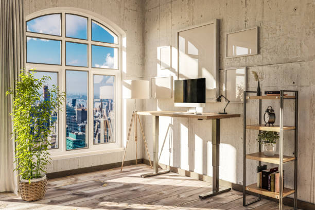 istock modern standing desk pc workplace in daylight downtown skyline office; home decoration desing and home office concept; 3D Illustration 1499374302