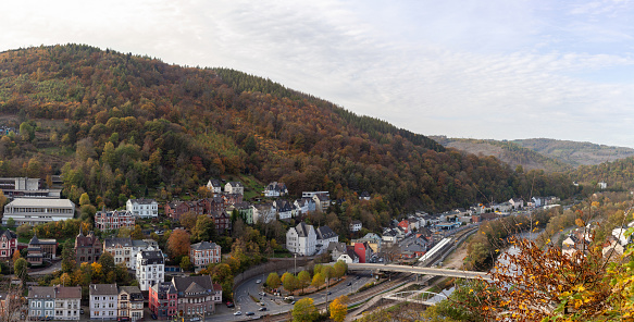 Panoramic view of the city of Altena, North Rhine Westphalia, Germany. Valley of the river Lenne.