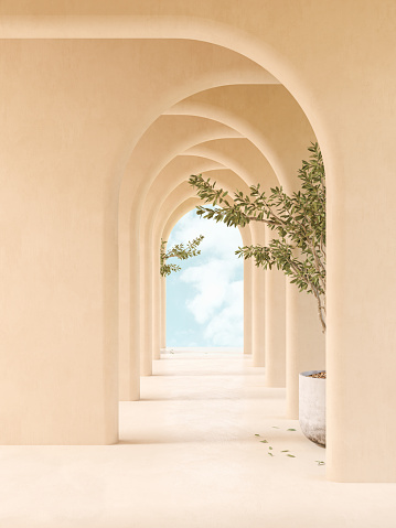 interior corridor with arches in mediterranean style 3 D rendering