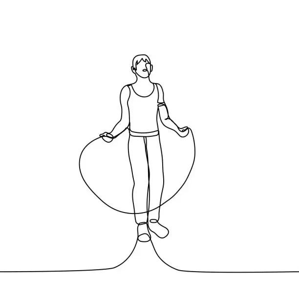 Vector illustration of man jumping rope - one line drawing vector. man in sportswear, on his shoulder a fitness tracking app for running. cardio workout concept.