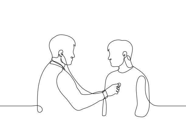 illustrations, cliparts, dessins animés et icônes de le médecin écoute avec un stéthoscope la poitrine d’un patient masculin - dessin d’une ligne. concept de contrôle du rythme cardiaque, ventilation pulmonaire, examen clinique - dessin au trait continu