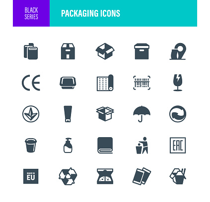 Package Types Icons. For Mobile and Web. Contains such icons as Packaging Boxes, Shopping Bag, Cardboard, Paper, Recyclable Containers, Linear, Pictograms, Pizza, Fast Food, Takeaway