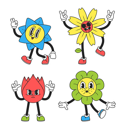 Y2k Flower Characters, Whimsical And Retro-inspired Blossom Personages With Vibrant Colors, Representing The Playful And Optimistic Spirit Of The Turn Of The Millennium. Cartoon Vector Illustration