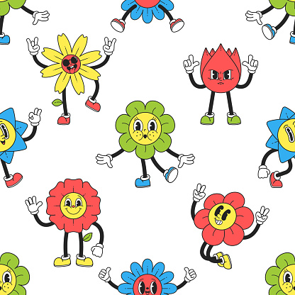 Seamless Pattern with Y2k Flower Characters, Vibrant and Playful Nostalgic Design Features Retro-inspired Blooms That Add A Touch Of Whimsy And Fun To Project Or Product. Cartoon Vector Illustration